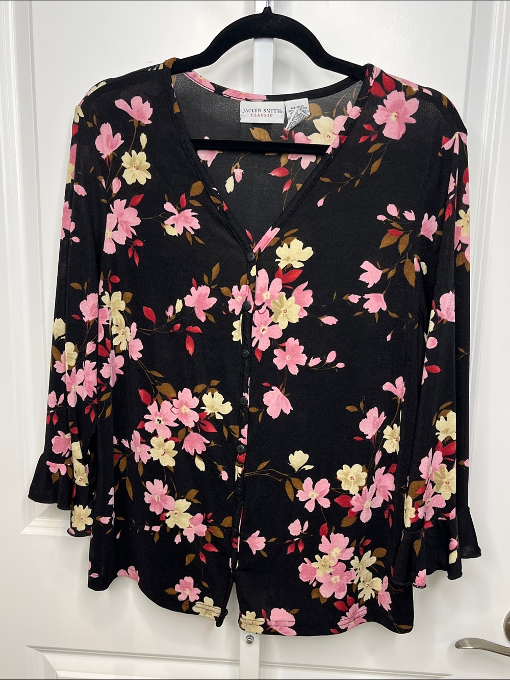 Jaclyn Smith Black Floral Button-Front Blouse with Pink & Cream Flowers Ruffle